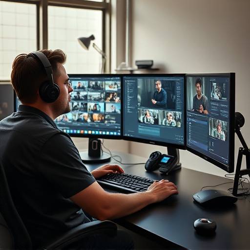 Editor de video trabajando en una estación de edición con mültiples monitores.