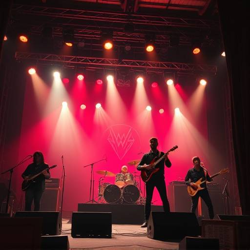 Escena de video musical con una banda tocando en un escenario con luces brillantes.